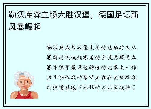勒沃库森主场大胜汉堡，德国足坛新风暴崛起