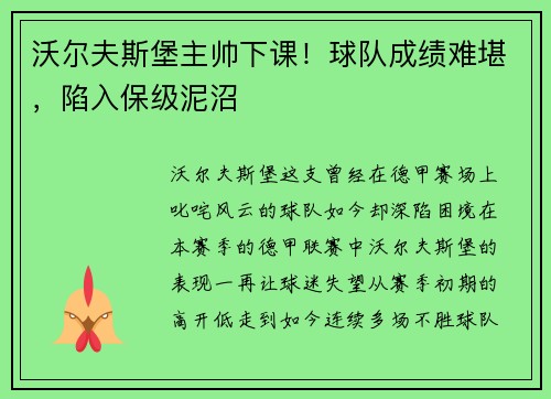 沃尔夫斯堡主帅下课！球队成绩难堪，陷入保级泥沼